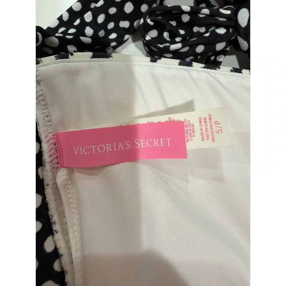 Victoria's Secret Zebra Polka Dot Plunge Halter Bikini Top Black White Small